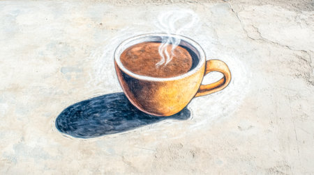 Hyperrealistic chalk drawing of a steaming coffee cup sits on a concrete surface, creating a trompe l'oeil effect with its detailed shading and steamの素材