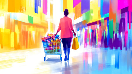 Woman is pushing an overflowing shopping cart full of colorful bags and boxes through a vibrant and busy mall, suggesting a successful shopping spreeの素材