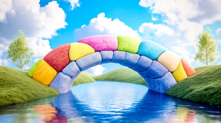 Colorful, segmented bridge arching over a tranquil river, surrounded by rolling green hills and a vibrant blue sky filled with fluffy white clouds, creates a surreal landscapeの素材