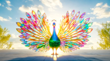 Majestic peacock statue with colorful glass feathers proudly displaying its plumage at sunrise, creating a stunning visual spectacle in a serene outdoor settingの素材