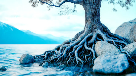 Large tree roots twisting and wrapping around rocks along the lake's shore, creating a striking contrast against the serene water and majestic mountains under a clear blue skyの素材