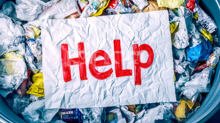 Crumpled piece of white paper with the word help written in red sits atop a pile of trash in a garbage can, highlighting themes of desperation, waste, and societal problemsの素材