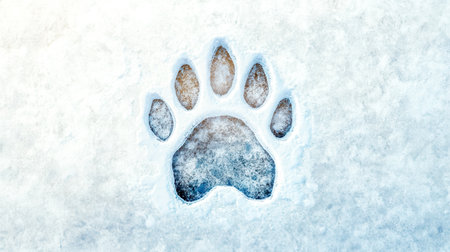 Detailed close up of a frozen paw print embedded in a snowy trail, showcasing the beauty of nature's artistry. The icy texture and intricate patterns highlight the serene winter landscapeの素材