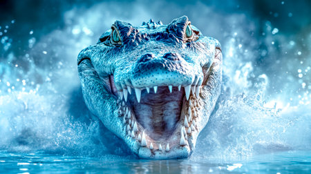 Large crocodile with its jaws wide open, emerging from a murky river, creating splashes and displaying its sharp teeth, in a dramatic and intense wildlife sceneの素材