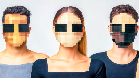 Three models wearing pixelated masks covering their faces, standing side by side against a white background, representing the concept of online anonymity and digital identityの素材