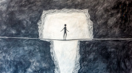 Chalk drawing of a stylized figure carefully balancing on a tightrope stretched across a chasm, symbolizing courage, resilience, and the pursuit of dreams despite uncertaintyの素材