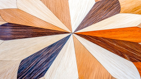 Wooden inlay pattern featuring a variety of wood types and colors converging at a central point, creating an intricate and visually captivating design with rich texturesの素材
