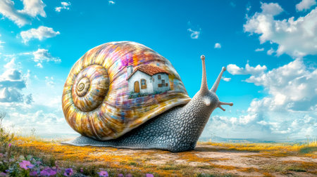Giant snail is carrying a cozy cottage on its colorful shell, slowly moving across a sunny landscape with a bright blue sky and fluffy white cloudsの素材