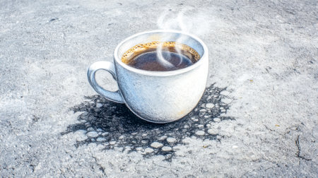 Hyperrealistic chalk drawing of a steaming coffee cup on a concrete surface, creating a trompe l'oeil effect that blurs the lines between reality and artの素材