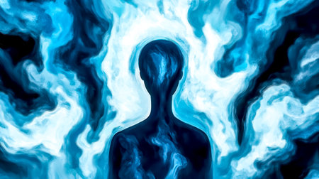 Abstract digital artwork depicting a dark silhouette emerging from a background of swirling blue and white smoke, creating a mysterious and ethereal atmosphereの素材