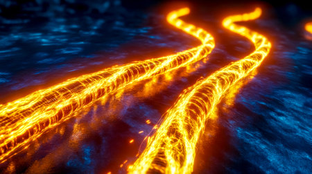 Three glowing streams of electricity surge along a web of energy, creating a mesmerizing spectacle of light and power against a dark blue background, resembling an electrical circuit or energy flowの素材
