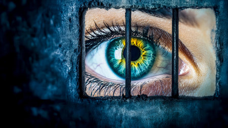Close up of a human eye seen through a barred window in a dark and textured wall, symbolizing confinement, surveillance, or the limitations of perspectiveの素材
