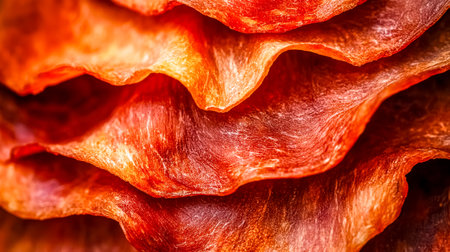 Thin slices of dried meat overlapping in an appealing pattern highlight rich textures and reddish brown hues, embodying the essence of gourmet snacksの素材