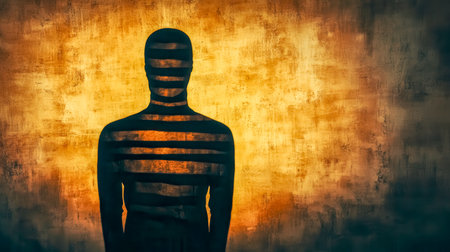 Dramatic shadow of a straitjacket cast on a grunge wall, creating a powerful visual metaphor for mental illness, confinement, and the struggles of those living with psychological disordersの素材