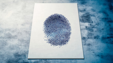 Blue fingerprint placed on white paper over a textured background, representing security, identification, and access control in a technological and forensic contextの素材