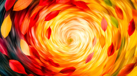 Brightly colored autumn leaves are swirling and spinning in a vortex of warm hues, creating a mesmerizing abstract representation of the fall seasonの素材