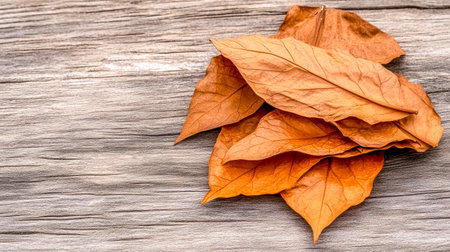 Several dried tobacco leaves, exhibiting warm orange hues, are neatly arranged on a weathered wooden surface, creating a textured and rustic backdrop with ample copy spaceの素材