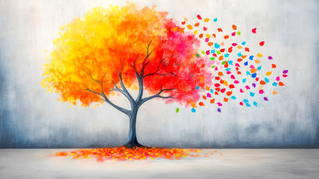 Colorful chalk drawing depicting a tree on a gray wall, losing its vibrant leaves and illustrating the transition from summer to autumn with rich hues of orange, yellow, and redの素材
