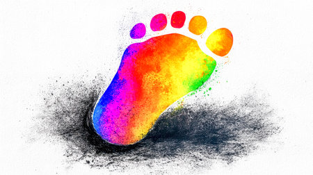 Vibrant, rainbow colored footprint is depicted leaving a dissipating trail of black dust against a clean white backdrop, creating a striking visual contrast and suggesting movement and impactの素材