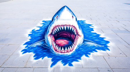 Striking 3d chalk drawing depicts a menacing shark with its jaws wide open, seemingly breaking through the pavement, creating a captivating illusion of depth and dangerの素材