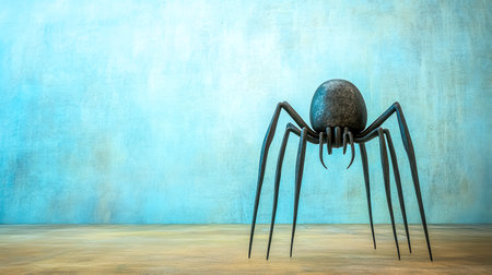 Giant spider sculpture with long, thin legs stands menacingly on a wooden floor against a textured blue wall, creating a surreal and eerie atmosphereの素材