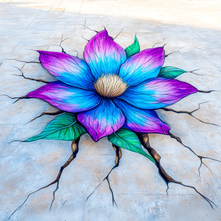 Vibrant, large scale flower, rendered in blue and purple chalk, bursts forth from a cracked pavement, creating a striking 3d illusion of growth and resilienceの素材