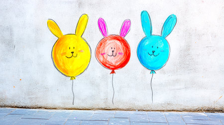 Playful chalk drawing featuring three colorful animal shaped balloons with ears and smiling faces, floating against a textured white wall above a tiled sidewalkの素材