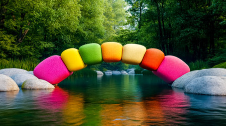 Whimsical bridge made of large, brightly colored pebbles spans a tranquil river flowing through a lush green forest, creating a vibrant and surreal sceneの素材
