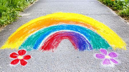 Colorful chalk rainbows and two vibrant flowers brightening a concrete path, infusing the outdoor space with cheerful energy and a playful touch of creativityの素材
