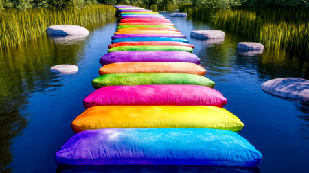 Whimsical bridge made of colorful cushions spans a serene river, creating a vibrant pathway through a tranquil natural setting with lush greenery and scattered rocksの素材