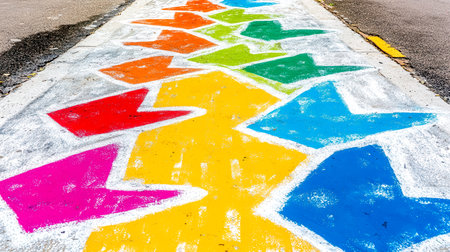 Vibrant, colorful arrows painted on a sidewalk create a playful and inviting path, infusing urban landscapes with whimsy and encouraging exploration through artful designの素材