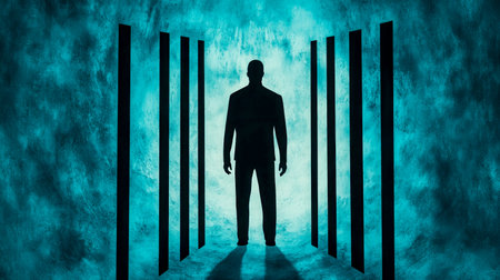 Virtual jail bars closing in around a businessman, symbolizing feelings of entrapment and isolation amid stress and uncertainty in the corporate worldの素材