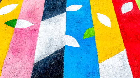 Vibrant stripes of chalk in pink, yellow, blue, red, black, and white form a playful path, adorned with white and green arrow like shapes, adding a touch of whimsy and directionの素材