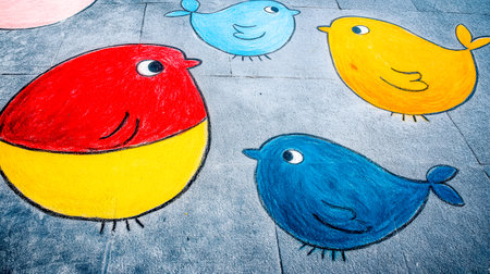 Four vibrant, cartoonish birds, drawn in colorful chalk on a gray sidewalk, infuse the scene with a playful and cheerful energy, celebrating creativity and imagination in urban artの素材