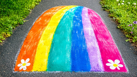 Colorful chalk rainbow painting with daisies decorates a concrete path, adding a touch of cheerfulness to an outdoor setting surrounded by green grassの素材