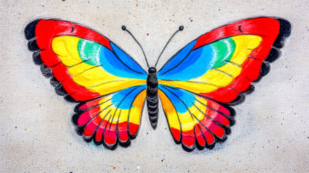 Vibrant chalk drawing featuring a butterfly with multicolored wings, presenting a detailed and artistic depiction on a concrete surface, capturing the essence of nature's beautyの素材