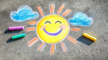Colorful chalk drawing by children depicting a smiling sun and fluffy clouds on asphalt, capturing the essence of happiness, summer joy, and the creativity of childhoodの素材