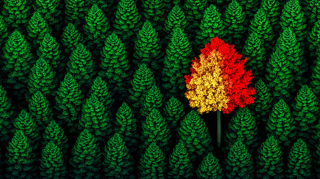 Aerial view of a dense forest with many identical green trees and a single brightly colored tree with red, orange, and yellow leaves, symbolizing uniqueness, individuality, and nonconformityの素材