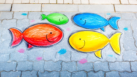Four colorful fish, drawn in chalk on a gray paved surface, create a cheerful and playful scene, adding a touch of whimsy to the urban environmentの素材