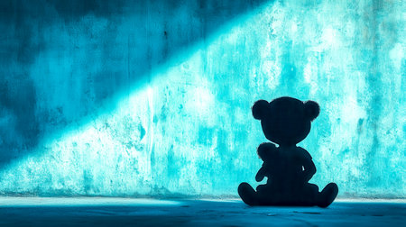 Silhouette of a teddy bear sitting under a bridge clutching another smaller teddy bear, creating a poignant scene of childhood and loneliness with a teal backgroundの素材