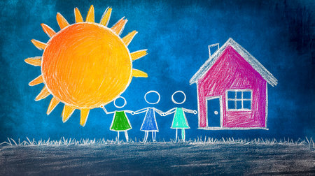 Colorful chalk drawing depicting a joyful family holding hands under a radiant sun, standing near their cheerful home, symbolizing love, unity, and a hopeful future togetherの素材