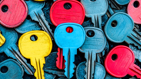 Colorful keys piled together create a vibrant and symbolic representation of security, access, and the myriad choices available in life and businessの素材