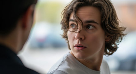 Young man having intense communication with concerned expressionの素材