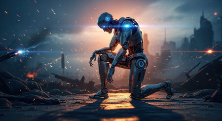 Advanced robot kneeling in destroyed city after warの素材