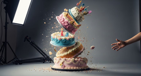 Birthday cake exploding and falling in studio setupの素材
