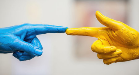 Painted hands touching representing connection, support, and unityの素材