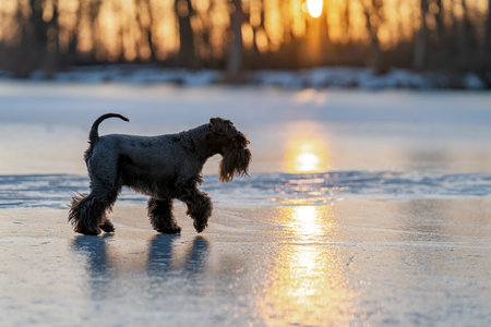 Schnauzer walking frozen lake surface during winter sunsetの写真素材