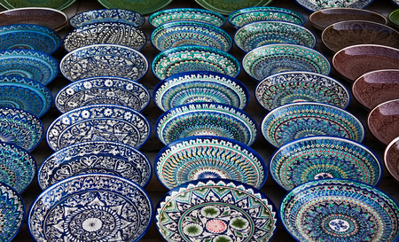 Background of ceramic plates, Bukhara market, Uzbekistanの写真素材