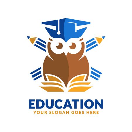 Education logo design template, pencil, book and owl icon stylized, perfect or educational industryのイラスト素材