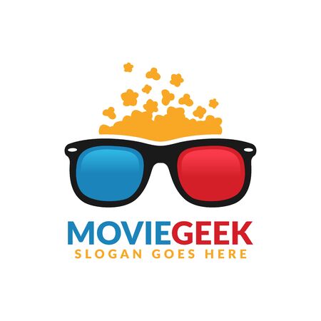Movie geek logo design template, 3D glasses with popcorn above itのイラスト素材